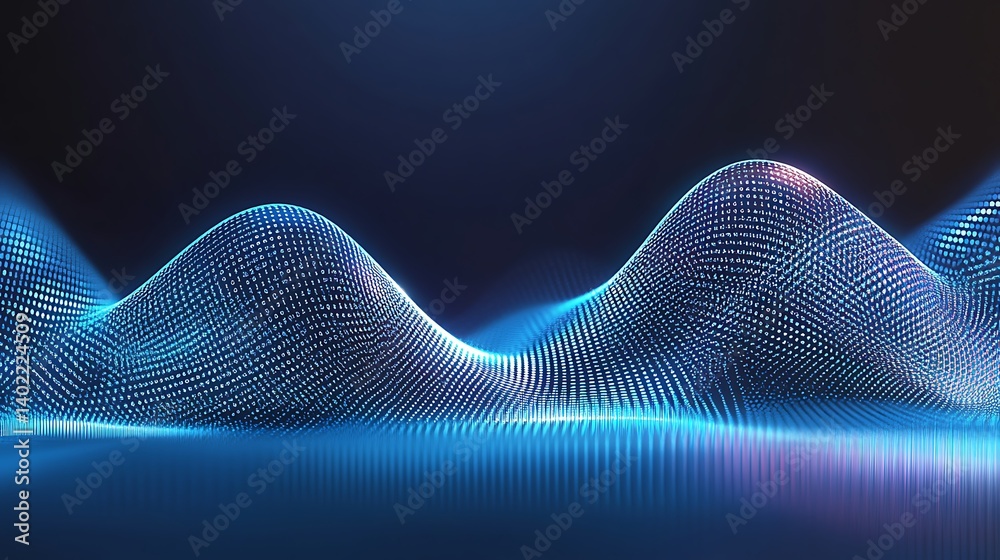 Poster abstract digital waves with glowing lines and dots, creating a futuristic landscape in a dark settin