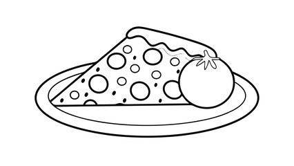 Black And White Illustration Of Pepperoni Pizza Slice With Tomato On Plate Depicts Food