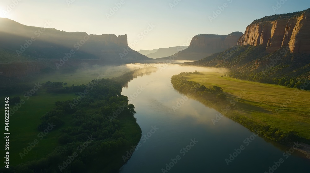 Aufkleber a river meanders through vibrant wheat fields, with sandstone cliffs towering above and morning mist