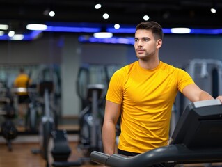Man in Sunny Yellow T-Shirt on Treadmill in Modern Gym with Cool Gray Background, Selective Focus, Copy Space