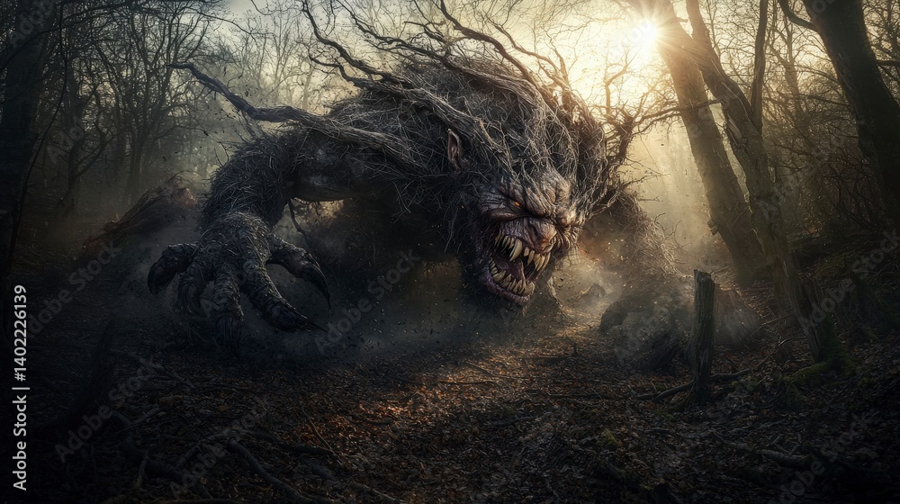 Poster troll rampage enchanted forest showdown digital art dark fantasy foreboding setting dramatic perspec