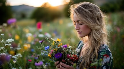 Fototapeta premium Beauty amidst blooming flowers in a golden sunset