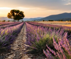 Obraz premium Lavender fields basking in golden sunset glow