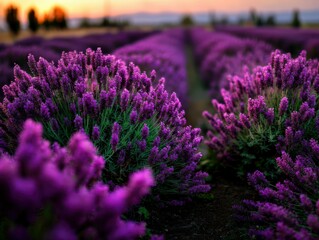 Obraz premium Lavender fields bloom at sunset in a tranquil setting