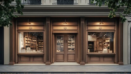 Elegant Brown Storefront of a Gourmet Shop at Dusk