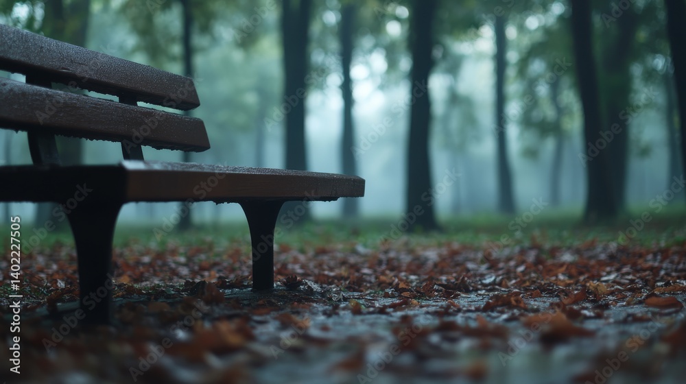 Poster a rustic bench rests in a misty autumn forest, enveloped by tall trees and scattered fallen leaves, 