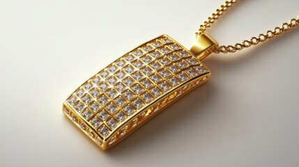 A rectangular gold pendant with an elegant diamond grid design, reflecting light brilliantly, isolated on white 