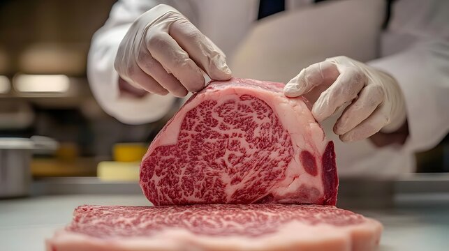 Chef trimming fat cap from raw wagyu cut.