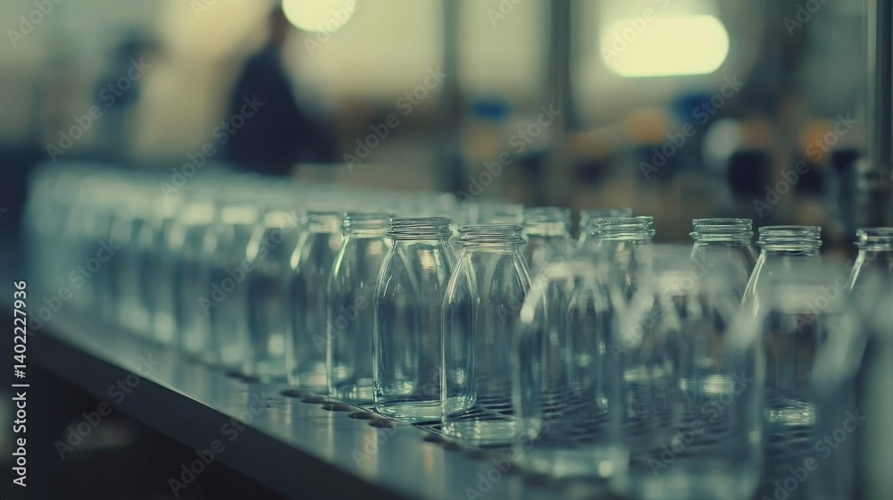 Poster clean and modern factory operation fills glass bottles with purified water, highlighting precision a