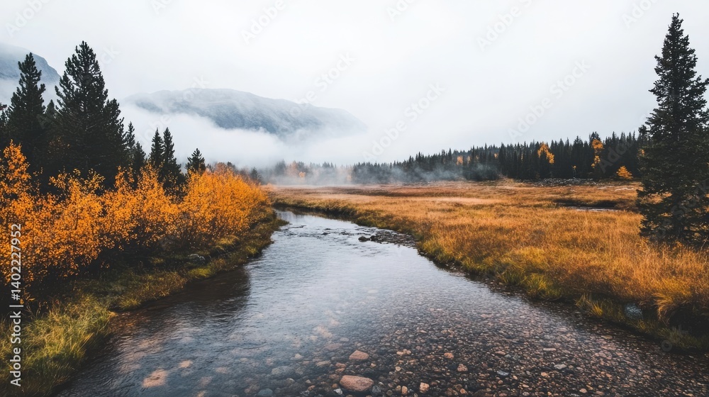 Poster a misty valley features a clear stream flowing through golden autumn trees and surrounded by majesti