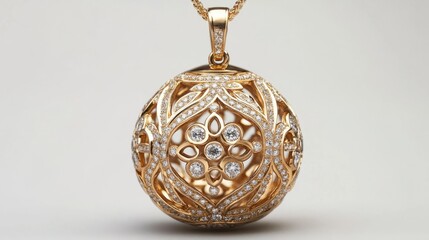 A spherical gold pendant with a cutout pattern and diamonds adorning the edges, radiating opulence, plain white surface 