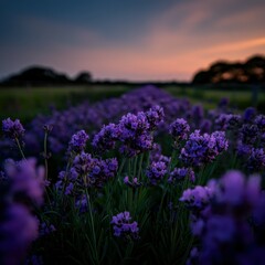 Fototapeta premium Lavender blooms under a twilight sky in the countryside