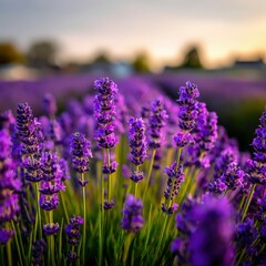 Obraz premium Lavender blooms under a golden sunset sky