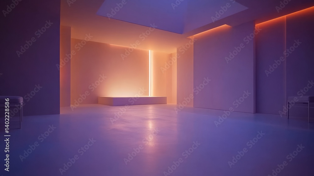 Poster Captivating perspective from a low angle reveals a minimalist white room with an abstract sculpture illuminated by a strategic spotlight, enhancing the artistic ambiance