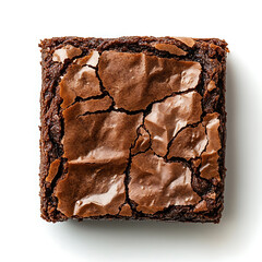 Soft and dense chocolate brownie with a slightly cracked top and fudgy interior, isolated white background, modern art style