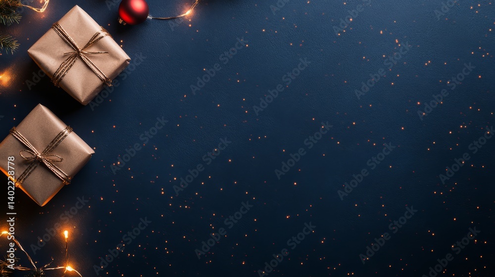 Poster dark blue background adorned with golden stars and sparkling bokeh creates a festive new year's atmo