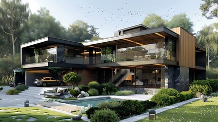 A stunning modern luxury villa with sleek architecture, expansive glass walls, lush green landscaping, poolside lounge area, stylish furniture, and a parked sports car, set in a peaceful natural 