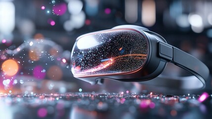 Futuristic VR headset floats, showcasing innovative technology and virtual reality experience.