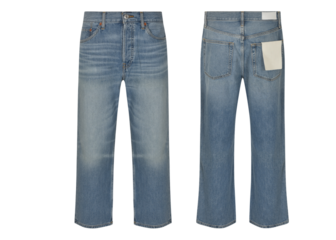 Denim Flare Pants fashion apparel on transparent background, women's wide leg blue jeans nobody