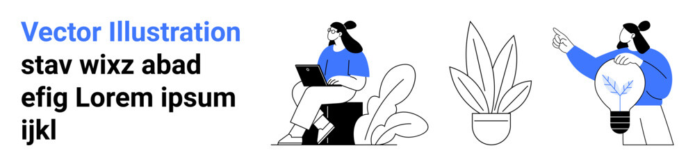 Female sitting with a laptop, houseplants, and a standing figure holding a glowing lightbulb. Ideal for teamwork, innovation, creativity, productivity, brainstorming, minimalism flat landing page