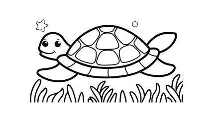 Cartoon Turtle Coloring Page Illustration With Starfish And Bubbles For Kids Educational Art And Craft