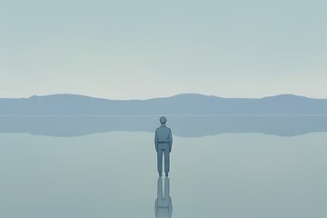 Solitary figure, serene lake, distant hills