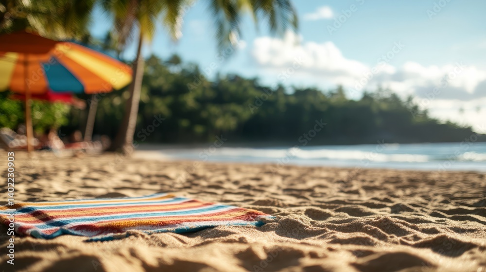 Aufkleber a colorful beach umbrella provides shade over a striped towel resting on golden sand, while palm tre