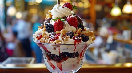 Delicious and colorful ice cream sundae served in a large glass bowl with scoops of chocolate, vanilla, strawberry, whipped cream, syrup, raspberries, and crunchy toppings, perfect for dessert lovers.