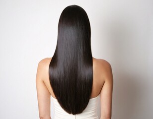 Naklejka premium Flawless Elegance: Long Silky Black Hair in Soft Light – Sleek Beauty for Hair Care & Salon Style Ads