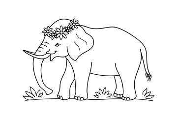 Cartoon Elephant Outline With Flower Crown Standing On Grass Illustration Vector