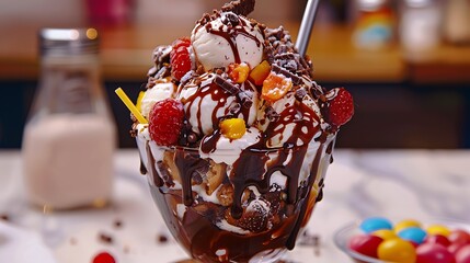 Delicious and colorful ice cream sundae served in a large glass bowl with scoops of chocolate, vanilla, strawberry, whipped cream, syrup, raspberries, and crunchy toppings, perfect for dessert lovers.