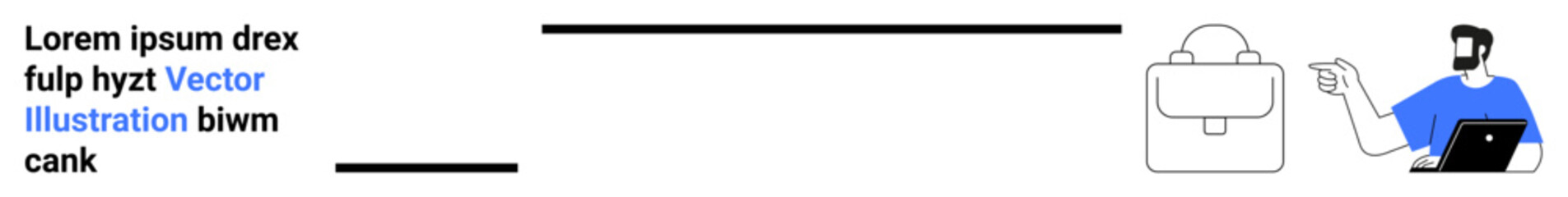 Bearded man in blue shirt using laptop, simple briefcase graphic, placeholder text. Ideal for business, freelancing, minimalism, productivity, branding, work-life balance flat landing page banner