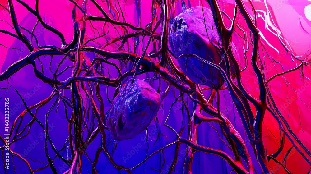Poster abstract representation of interconnected neural structures with vibrant colors and surreal lighting