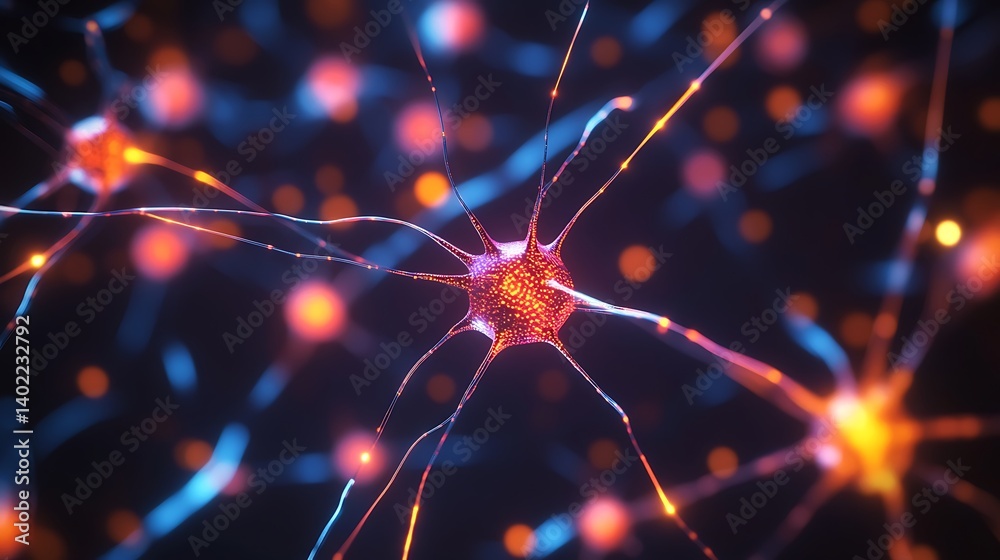 Poster abstract representation of interconnected neurons with glowing synapses in a colorful digital enviro