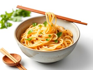 Delicious Bowl of Spaghetti Noodles with Herbs and Chicken Isolated on White Background