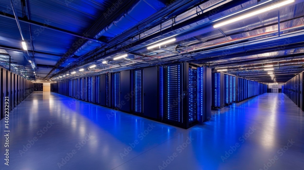 Aufkleber rows of glowing server racks light up a high-tech data center, bathed in blue led illumination. cabl