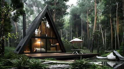 Modern A-frame cabin nestled in a serene forest surrounded by lush greenery and tall pine trees, with cozy outdoor seating and natural light creating a peaceful escape into nature and relaxation.

