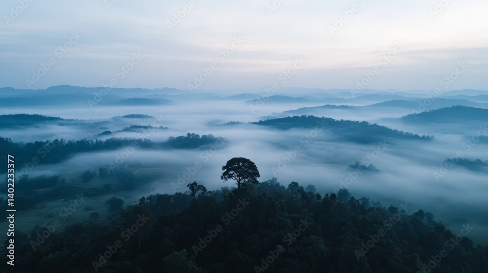 Poster a wide-angle view captures a tranquil misty valley enveloped by rolling hills, featuring a lone tree