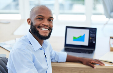 Marketing analyst, stock trader and strategy planner busy with economy research, data planning and graphs for report, insights and finance in office. Portrait of smiling business man doing analytics