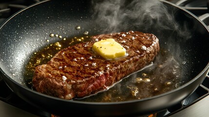Fototapeta premium Sizzling strip steak butter basting in skillet.