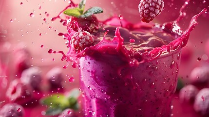 Vibrant splash of fresh berry smoothie in a glass with flying strawberries, raspberries, blueberries, and juice drops captured mid-air on a colorful bokeh background for healthy food and drink concept