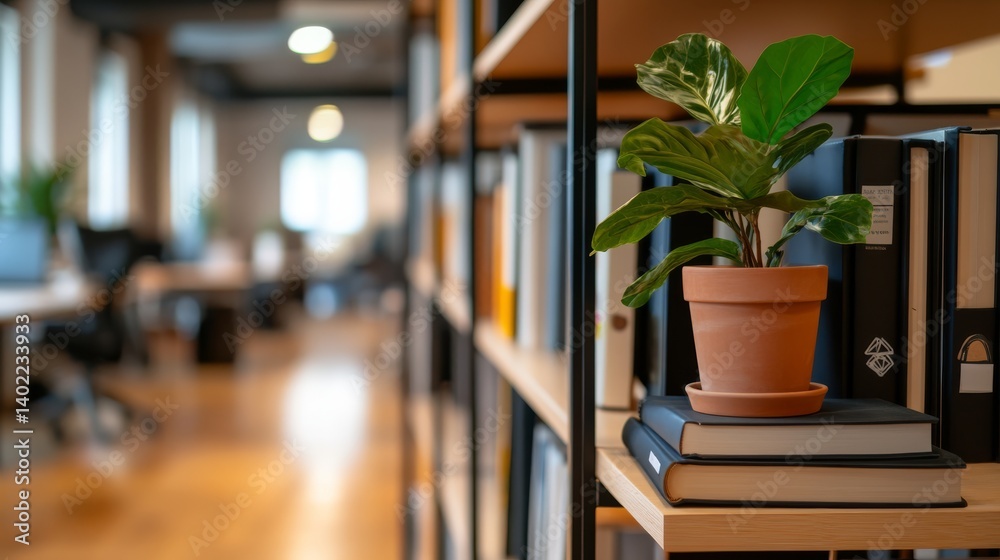 Aufkleber wide-angle view captures a stylish bookshelf filled with books and potted plants, illuminated by sof