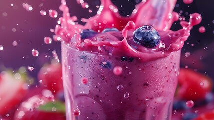 Vibrant splash of fresh berry smoothie in a glass with flying strawberries, raspberries, blueberries, and juice drops captured mid-air on a colorful bokeh background for healthy food and drink concept