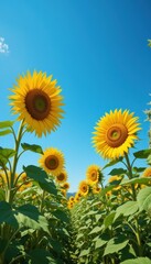 Obraz premium Vibrant Sunflower Field Under Clear Blue Sky in Full Bloom
