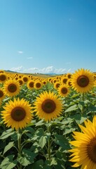 Fototapeta premium Bright and Cheerful Sunflower Field Under Clear Blue Sky