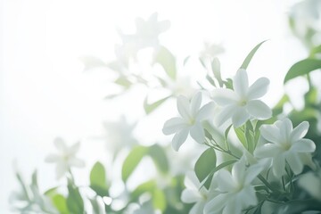 Delicate white flowers in soft focus. Lush greenery