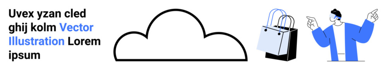 Cloud icon centered with shopper carrying bags and pointing gestures. Includes text for customization. Ideal for ecommerce, shopping, online storage, marketing, promotion, technology, branding flat