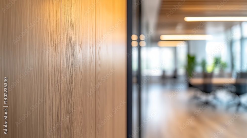 Aufkleber wide-angle view of a textured wooden wall with vertical acoustic panels, enhanced by soft natural li