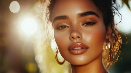 Model poses under sunlight with glowing skin and natural makeup in a vibrant outdoor setting during golden hour