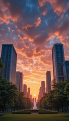 Obraz premium Stunning Urban Sunset with Dramatic Clouds and City Skyline